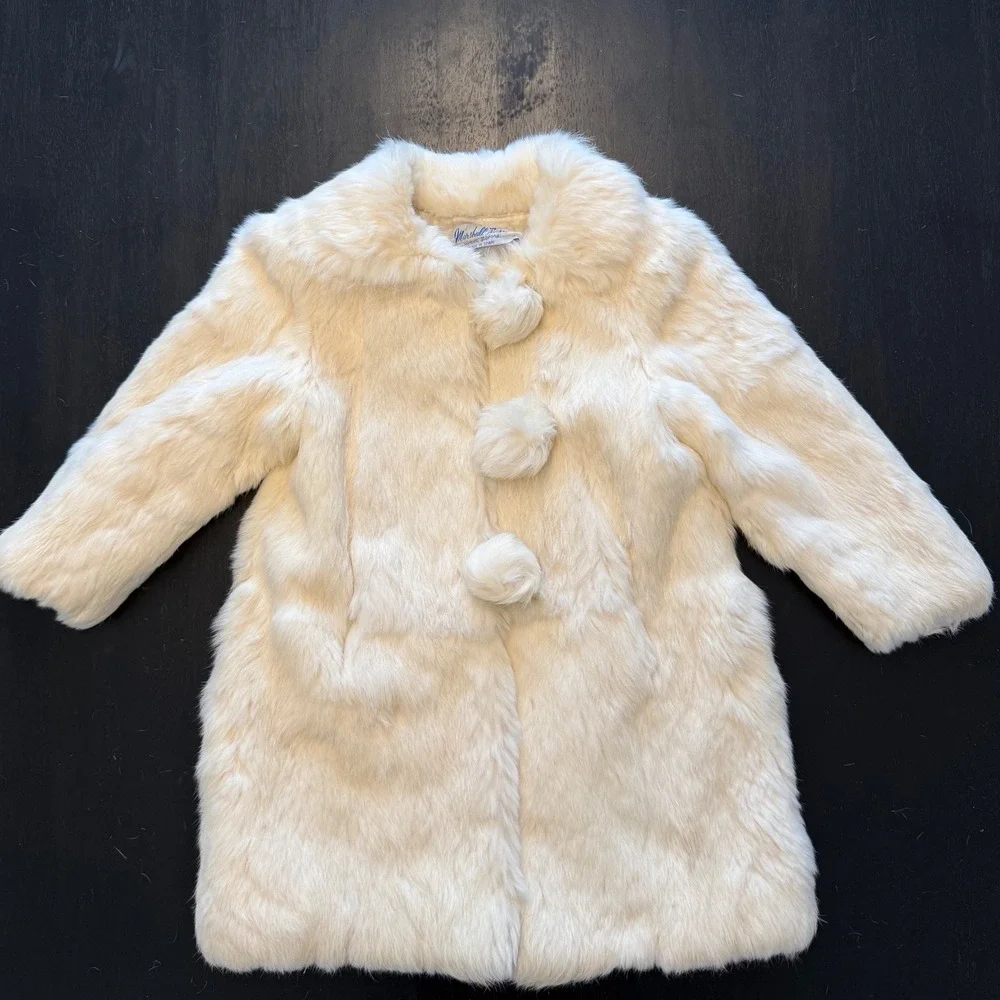 Vintage Faux rabbit Coat Girls Pom Pom Buttons Winter Outerwear‎ Cozy Chic Party - Picture 3 of 16